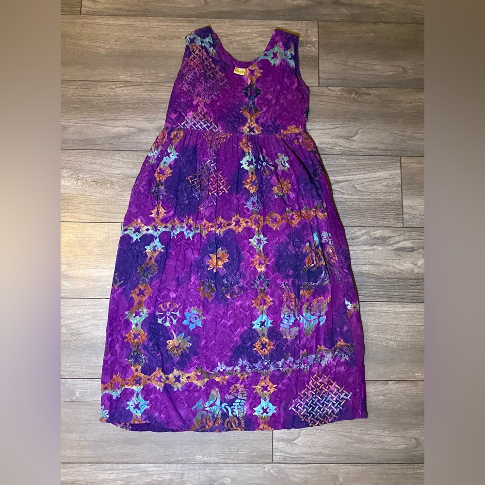 EUC SPICY BAMBU Rayon Beachy Sleeveless Maxi Dress Batik Seahorse Tie Dye